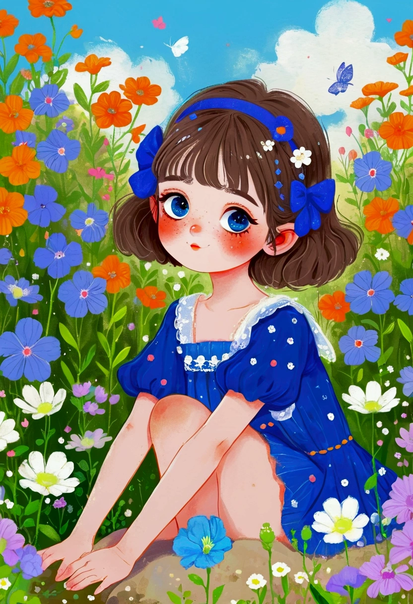 Cute little girl in blue dress，Sitting among the flowers, Big blue eyes。Lovely art style,  Lovely and detailed digital art, Cute numbers艺术, splash art anime Change, Hand drawn cartoon art style,Lovely artwork, Kawaii realistic portrait, Change, Cute numbers, Lovely portrait, Kasuga, Lovely characters, Cute, colorful and adorable