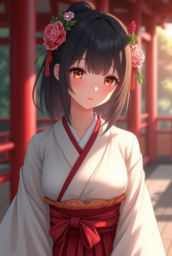 (Highest quality、Tabletop、8k、Best image quality、Hyperrealism)、(Beautiful Japanese Perfect Shrine Maiden:1.1)、(The perfect shrine maiden's white robe:1.1)、(The perfect shrine maiden, Chihaya:1.1)、(The perfect shrine maiden's red hakama:1.1)、(Woman's upper body photo:1.1)、(Most realistic:1.1)、Look at me、The best smile、The background is a magnificent and luxurious shrine.、The majestic and luxurious exterior resembles a real shrine、A gorgeous and authentic shrine with Niwa lacquerware