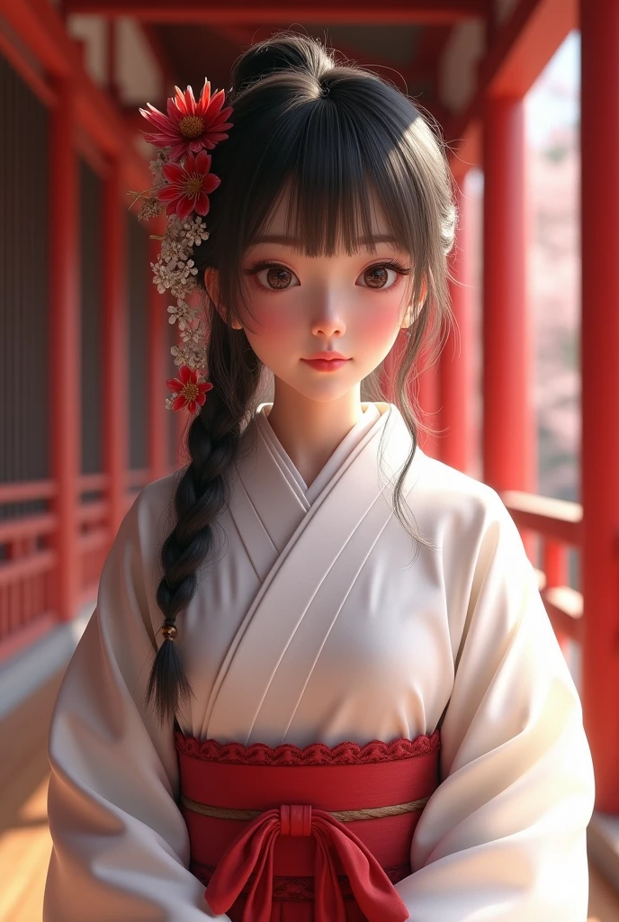 (Highest quality、Tabletop、8k、Best image quality、Hyperrealism)、(Beautiful Japanese Perfect Shrine Maiden:1.1)、(The perfect shrine maiden's white robe:1.1)、(The perfect shrine maiden, Chihaya:1.1)、(The perfect shrine maiden's red hakama:1.1)、(Woman's upper body photo:1.1)、(Most realistic:1.1)、Look at me、The best smile、The background is a magnificent and luxurious shrine.、The majestic and luxurious exterior resembles a real shrine、A gorgeous and authentic shrine with Niwa lacquerware
