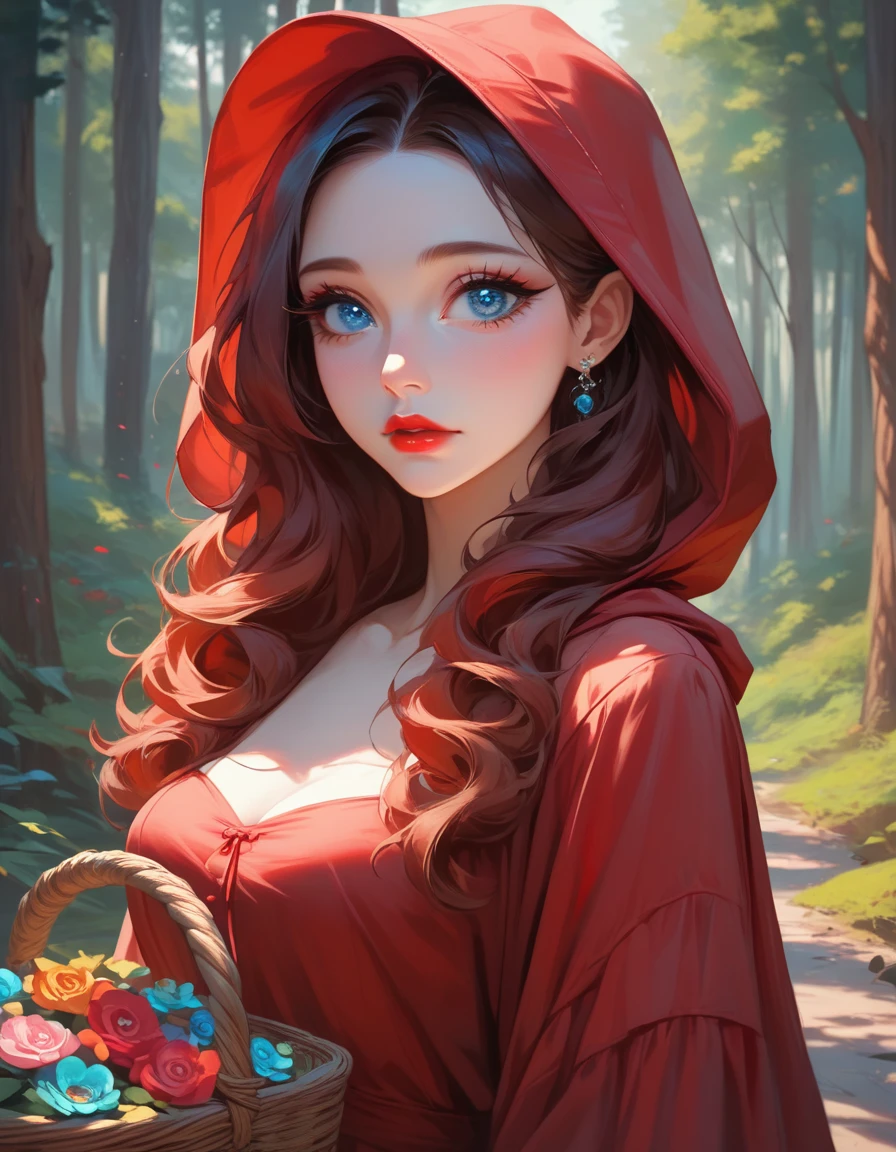 beautiful detailed girl with bright blue eyes, vibrant red lips,long curled eyelashes,carrying a basket:(best quality,4k,8k,highres,masterpiece:1.2),soft pastel,forest, in the woods as a sexy little red riding hood