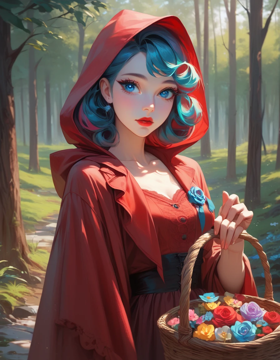 beautiful detailed girl with bright blue eyes, vibrant red lips,long curled eyelashes,carrying a basket:(best quality,4k,8k,highres,masterpiece:1.2),soft pastel,forest, in the woods as a sexy little red riding hood