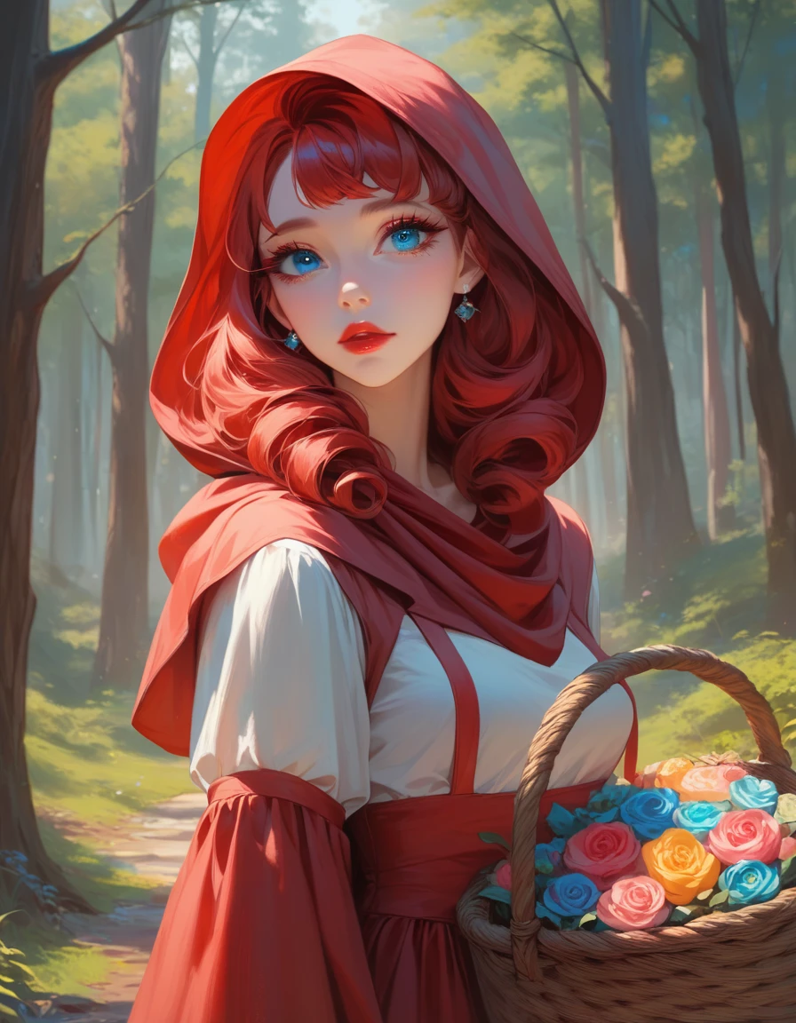 beautiful detailed girl with bright blue eyes, vibrant red lips,long curled eyelashes,carrying a basket:(best quality,4k,8k,highres,masterpiece:1.2),soft pastel,forest, in the woods as a sexy little red riding hood