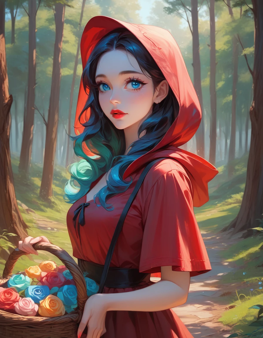 beautiful detailed girl with bright blue eyes, vibrant red lips,long curled eyelashes,carrying a basket:(best quality,4k,8k,highres,masterpiece:1.2),soft pastel,forest, in the woods as a sexy little red riding hood