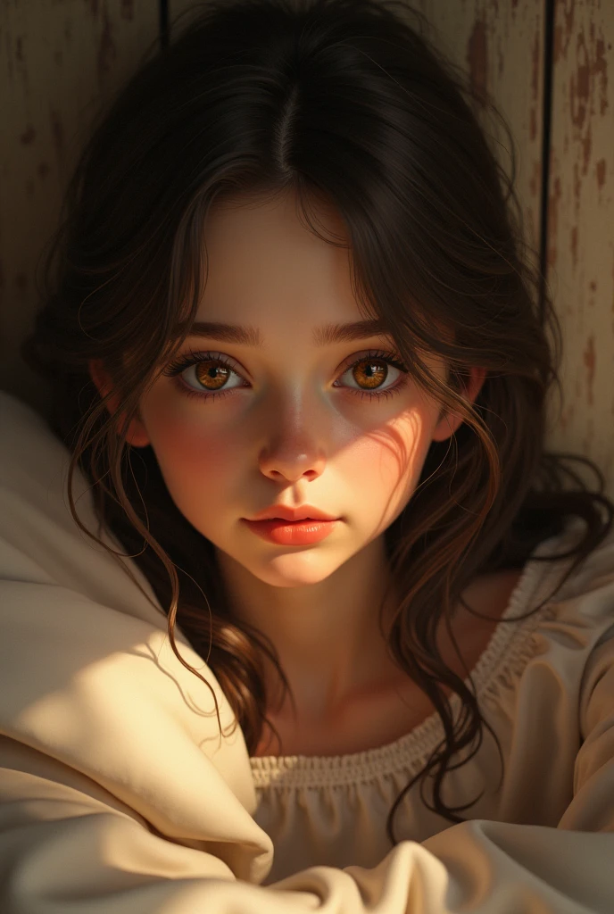 Girl with brown hair and brown eyes inside room