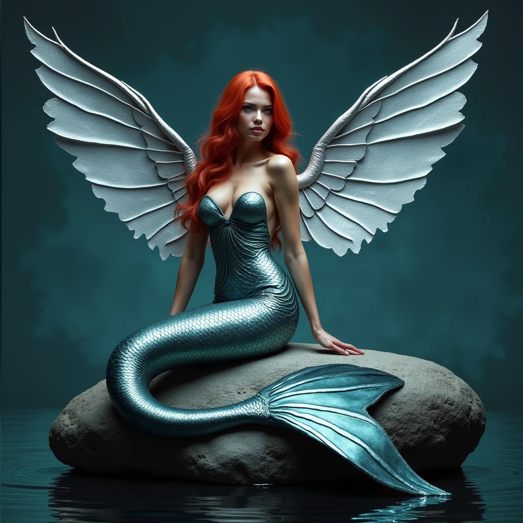 photo, stunner beauty, big boobs, silver winged mermaid, red foxy hair, unified mermaid tail, sitting on a rock