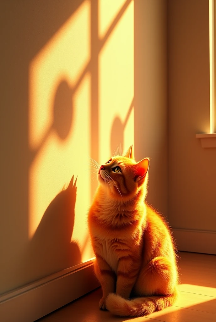 Orange cat was looking up at the wall. The sun is shining on one side and casting shadows on the other side huge bobs