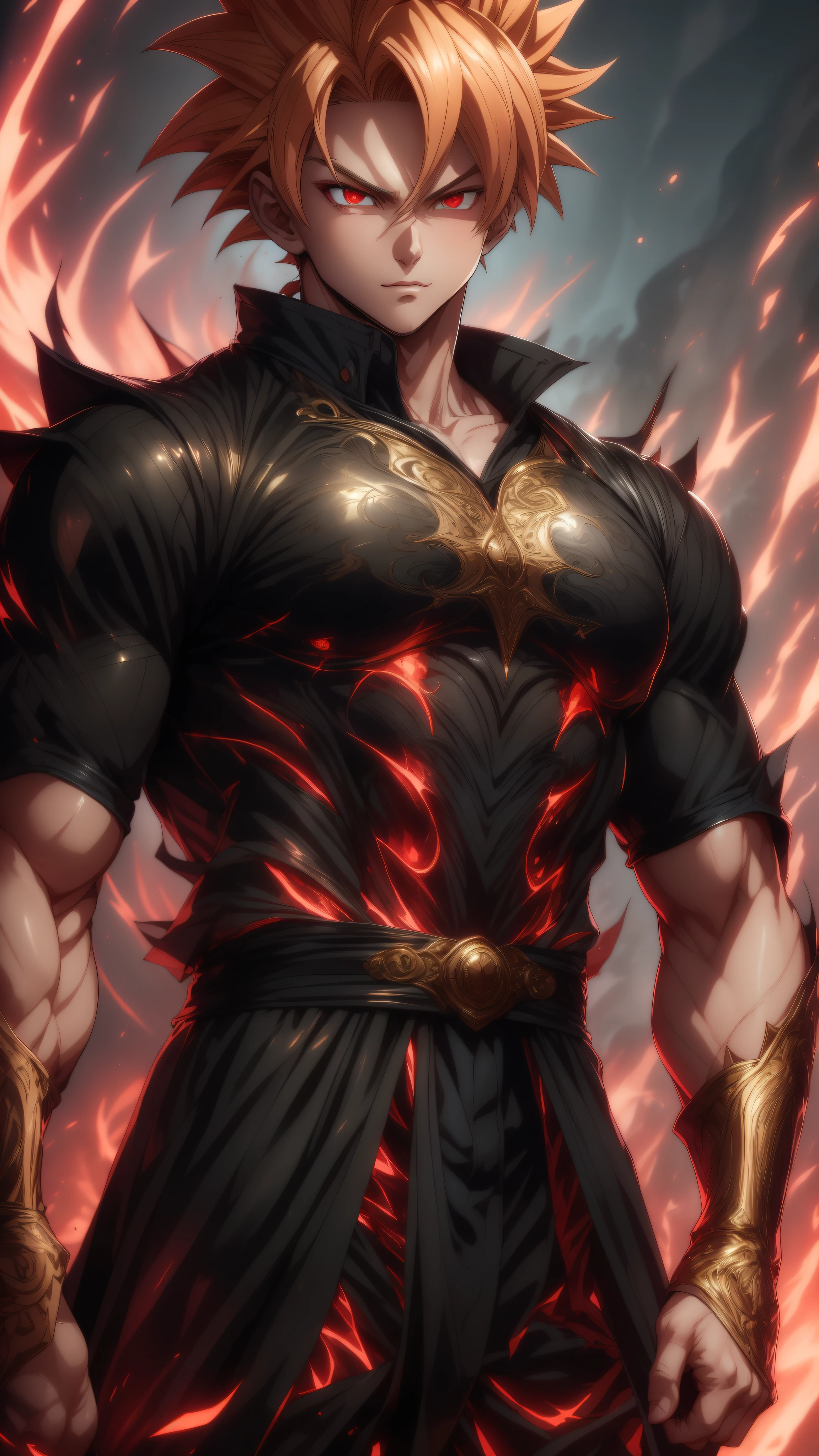A young boy with striking red eyes and a confident demeanor stands tall against a neutral background. His short, red and blond hair is styled in a way that showcases his handsome features. With a decisive and majestic gesture, he commands attention and exudes a golden aura that sets him apart from the rest.