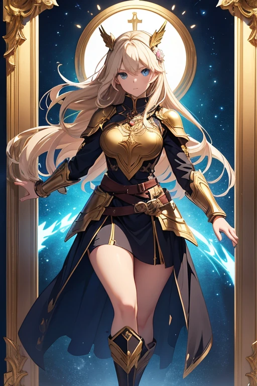 A full-body portrait of a young woman in anime style, with long, light blonde hair, framed by a white mantle adorned with golden details. She has intense blue eyes and wears a form-fitting blue armor with intricate engravings of leaves and flowers, and golden metal pieces covering her shoulders and arms. A dark brown leather belt with metallic buckles secures her armor at the waist. She wears brown leather boots, standing in a dynamic action pose. A cross-shaped pendant adorns her chest. The background features a blue sky with fluffy clouds, highlighting her majestic and noble appearance, visible from head to toe.