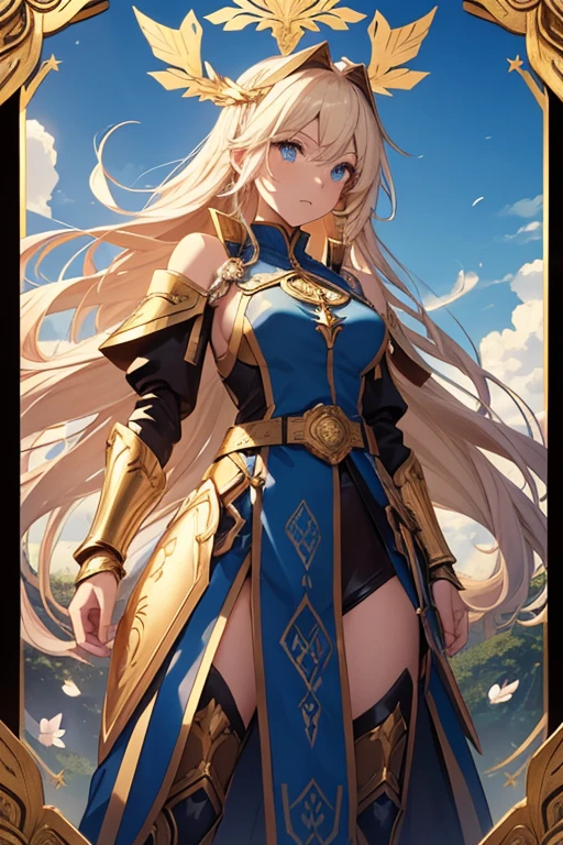 A full-body portrait of a young woman in anime style, with long, light blonde hair, framed by a white mantle adorned with golden details. She has intense blue eyes and wears a form-fitting blue armor with intricate engravings of leaves and flowers, and golden metal pieces covering her shoulders and arms. A dark brown leather belt with metallic buckles secures her armor at the waist. She wears brown leather boots, standing in a dynamic action pose. A cross-shaped pendant adorns her chest. The background features a blue sky with fluffy clouds, highlighting her majestic and noble appearance, visible from head to toe.