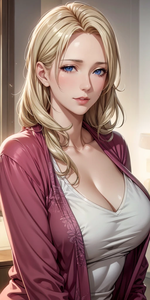 Elegant mature woman, blue eyes, blonde hair, soft light, 4k resolution, high quality, beautiful cg