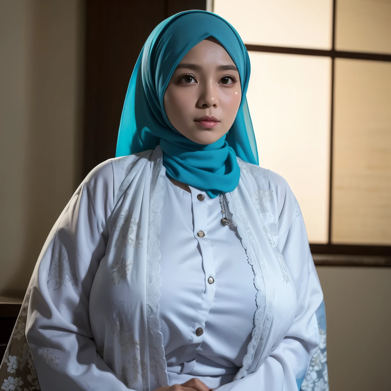 30 Years old, Indonesian mature woman, wearing Wide Hijab, perfect , natural Gigantic breast : 96.9, gorgeous eyes, Soft smile, wear a Yukata, No Wearing Bra, necklace, Breast about to burst Out, Nightime walk, Lewd Situation, Light Colour.