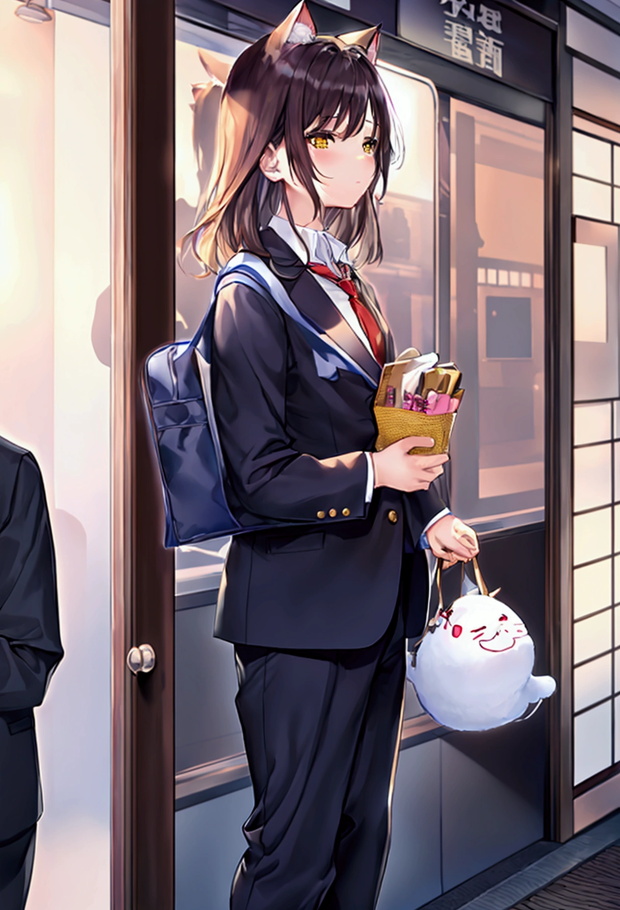 Cat,橘Cat,Standing,doll,Carrying a small school bag,Japanese style,tram,Hokkaido,Autumn Station,Wooden house,Platform, cloak,Ruan Jia,Suit,tie,花Cat,Stupid Dog,肌肉发达的雄Cat, (Delicate face), (Fine fluffy fur)