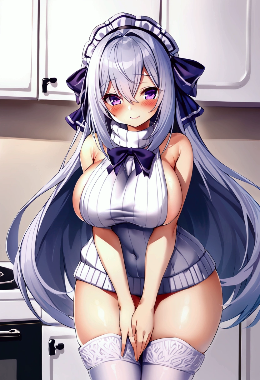 beautiful girl, silver hair, long beautiful hair, purple beautiful eyes, virgin killer sweater, (sweater dress:1.2), ribbed sweater,sideboob,cleavage cutout, turtleneck sweater,(white sweater:1.3),crop top navel,, headdress-ribbons , large breasts, hair between eyes, bangs, thigh-highs, blush, smile, embarrassing, model posing, up skirt, nsfw, kitchen, ((press chest together)), ((hands between legs))