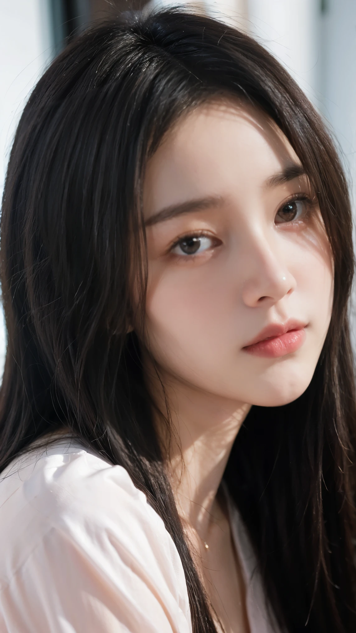masterpiece, best quality, ultra-realistic, cute young woman, Korean idol, heart-shaped face, large almond eyes, silky black hair, small rosy lips, (scowling:1.3), pastel-colored outfit, light floral pattern blouse, soft ambient lighting, blurred background, modern urban setting, city lights in the distance, detailed facial features, soft shadows, 85mm lens, portrait photography