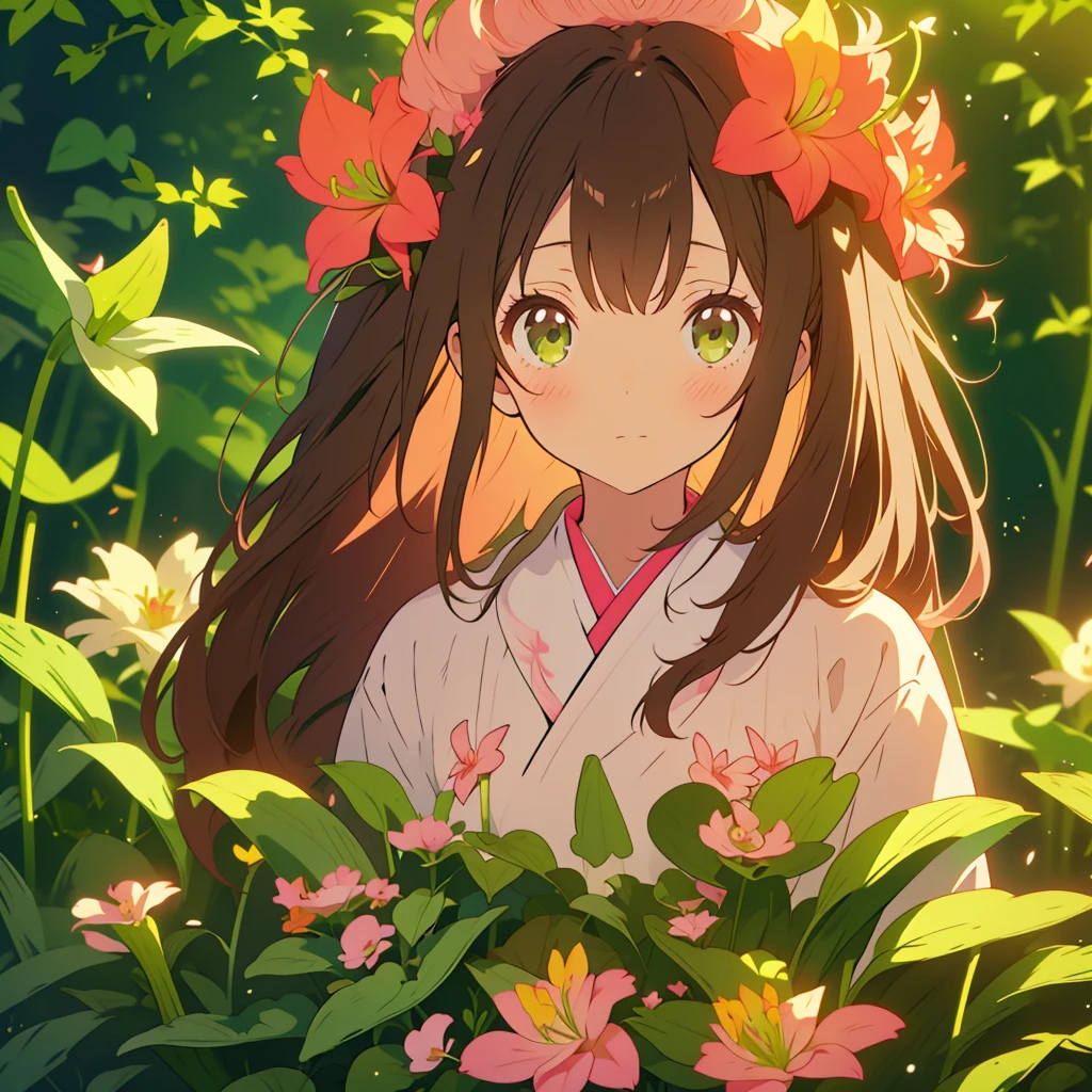 kawaii, anime, Cute, hyper quality, highly detailed, 8k, Clarity, Draw facial expressions in detail, Girl with long dark brown hair and green eyes, small pink lily flower, highlight on eyes, whole body, Dignity, longing for the future, no background,