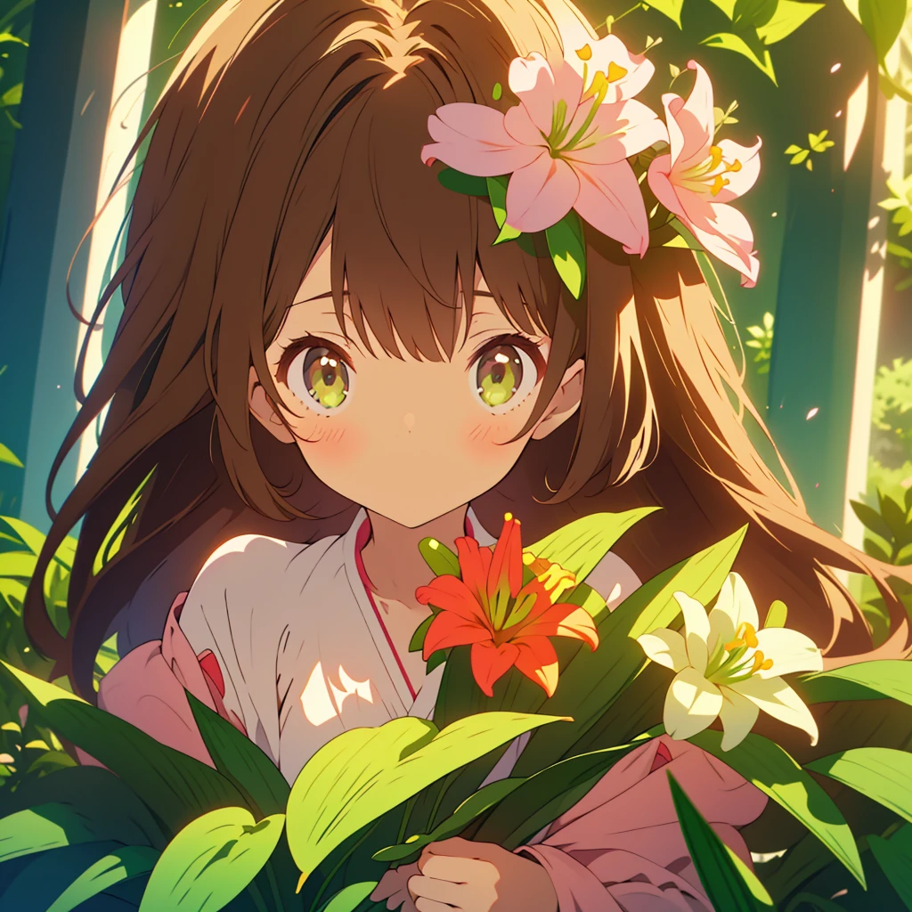 kawaii, anime, Cute, hyper quality, highly detailed, 8k, Clarity, Draw facial expressions in detail, Girl with long dark brown hair and green eyes, small pink lily flower, highlight on eyes, whole body, Dignity, longing for the future, no background,