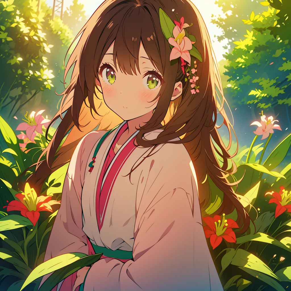 kawaii, anime, Cute, hyper quality, highly detailed, 8k, Clarity, Draw facial expressions in detail, Girl with long dark brown hair and green eyes, small pink lily flower, highlight on eyes, whole body, Dignity, longing for the future, no background,