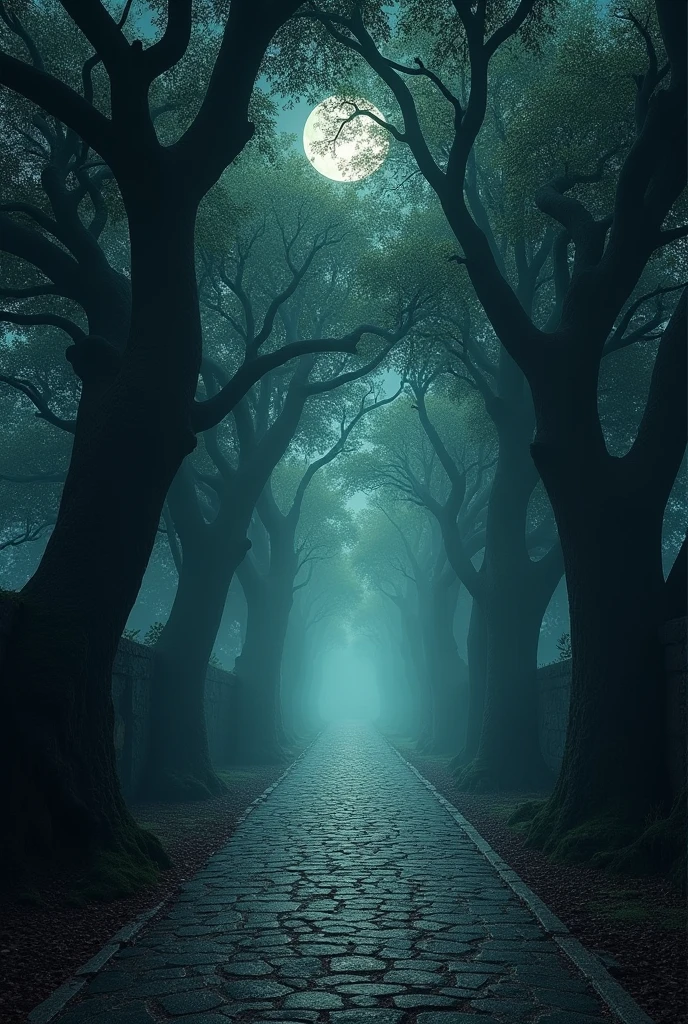 The Crossing of Rua dos Esquecidos:
A dark crossroads, where the trees lean towards the center, forming a tunnel of leaves.
Moonlight penetrates through the cracks, creating shadow patterns on cobblestone floor.
