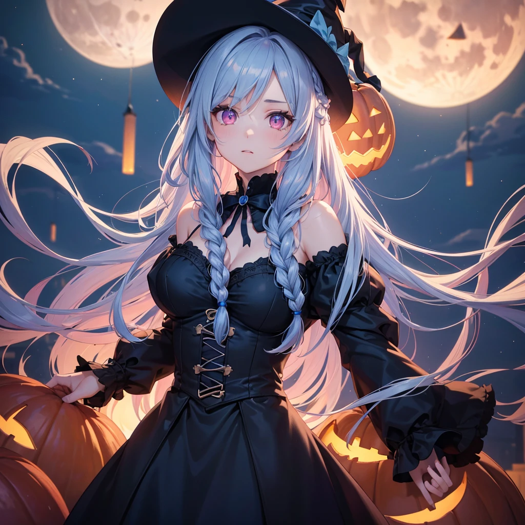 (Sky blue braided medium length hair:1.2), (Pink eyes),Fair skin)  ,(whole body),(One Girl),(Crescent Moon),(A large number of pumpkin ghosts in the background),(Trick or Treat),Halloween Party),(masterpiece, Highest quality, Very detailed, Best Shadow), (Detailed Background), (Beautifully detailed face), High Contrast, (Best lighting, Very delicate and beautiful), ((Cinematic Light)), Hyper Detail,8k, Dramatic Light, Intricate details,Witch&#39;s Clothes,Magic broom,night,Bats fly in the sky,