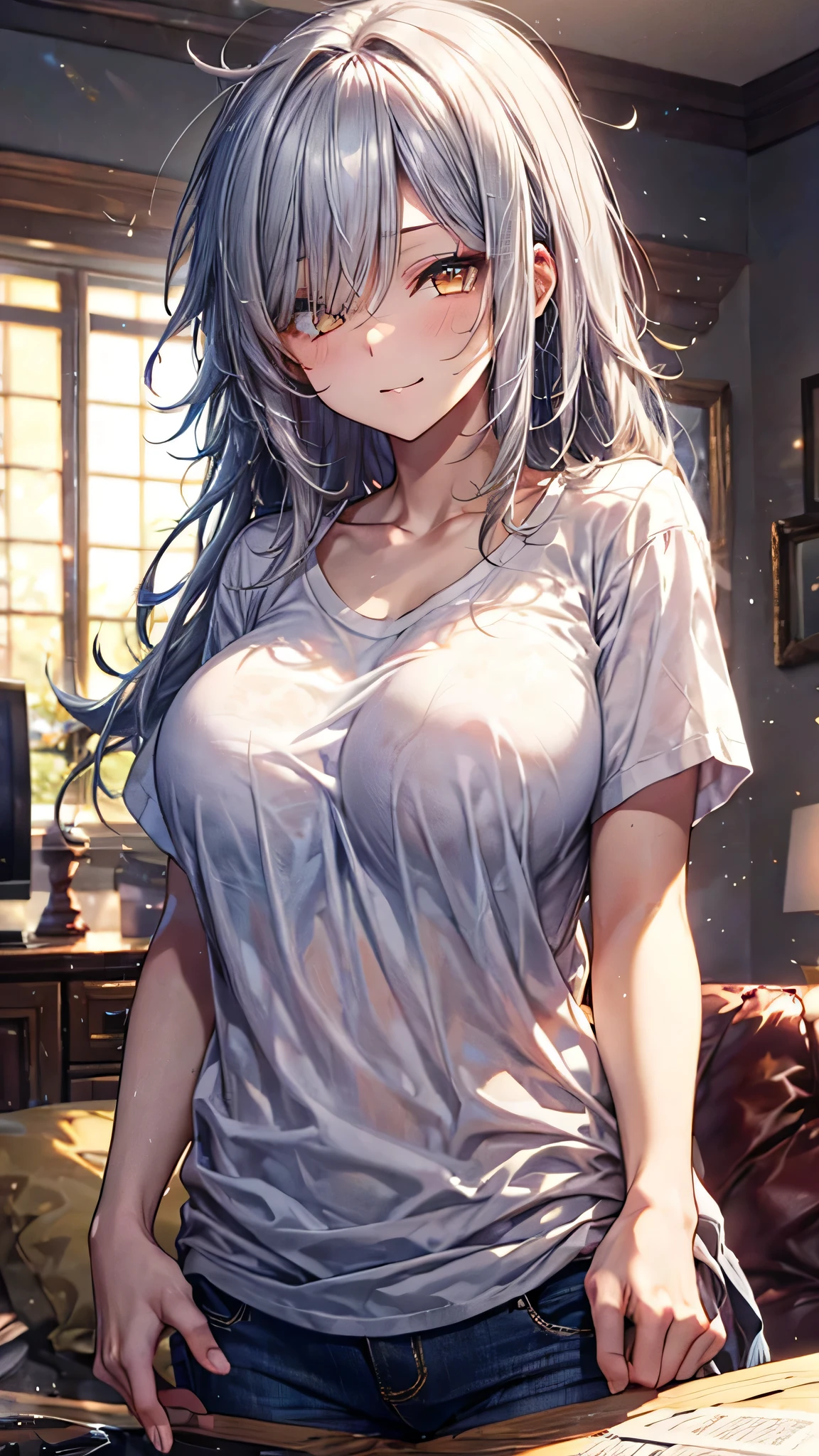 Silver hair, messy hair, golden eyes, (large white shirt), girl waking up, living room background, (right eye winking), big breasts