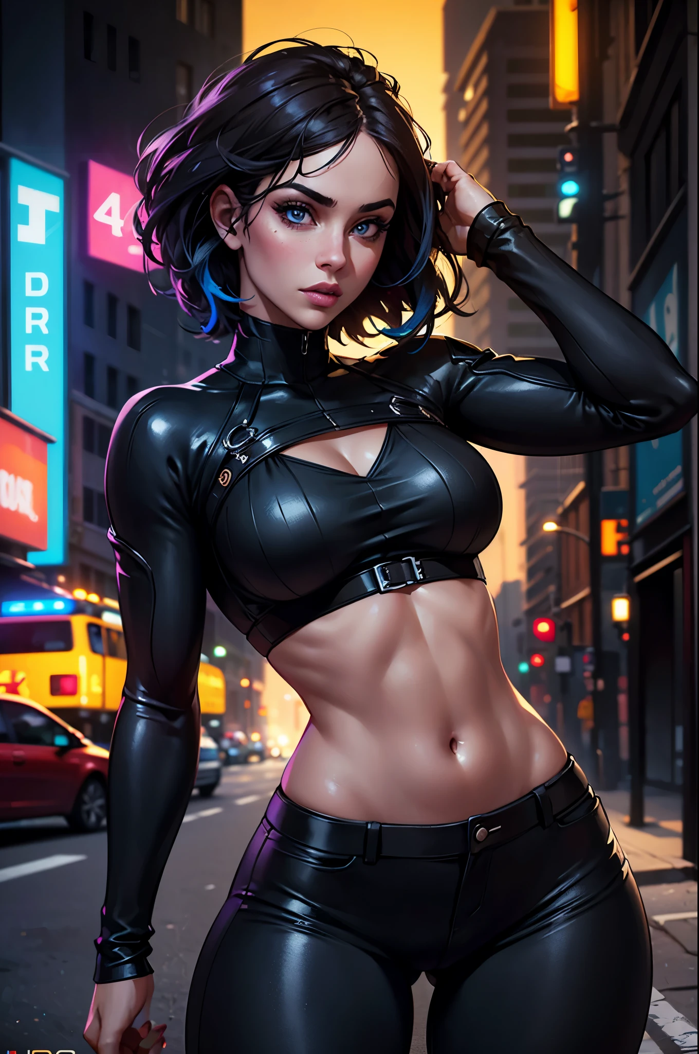 beautiful detailed eyes, beautiful detailed lips, extremely detailed eyes and face, long eyelashes, 1girl, confident street dancer, dark hair, very tight short pants, slim figure, dramatic lighting, colorful urban background, neon lights, vibrant colors, dynamic pose, (best quality,4k,8k,highres,masterpiece:1.2),ultra-detailed,(realistic,photorealistic,photo-realistic:1.37), cinematic, dramatic, street style