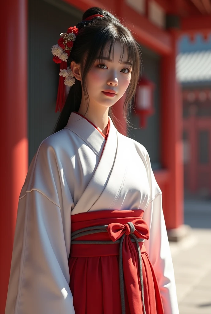 (Highest quality、Tabletop、8k、Best image quality、Hyperrealism)、(Beautiful Japanese Perfect Shrine Maiden:1.1)、(The perfect shrine maiden's white robe:1.1)、(The perfect shrine maiden's red hakama:1.1)、(Woman's upper body photo:1.1)、(Most realistic:1.1)、Look at me、The best smile、The background is a magnificent and luxurious shrine.、The majestic and luxurious exterior resembles a real shrine、A gorgeous and authentic shrine with Niwa lacquerware