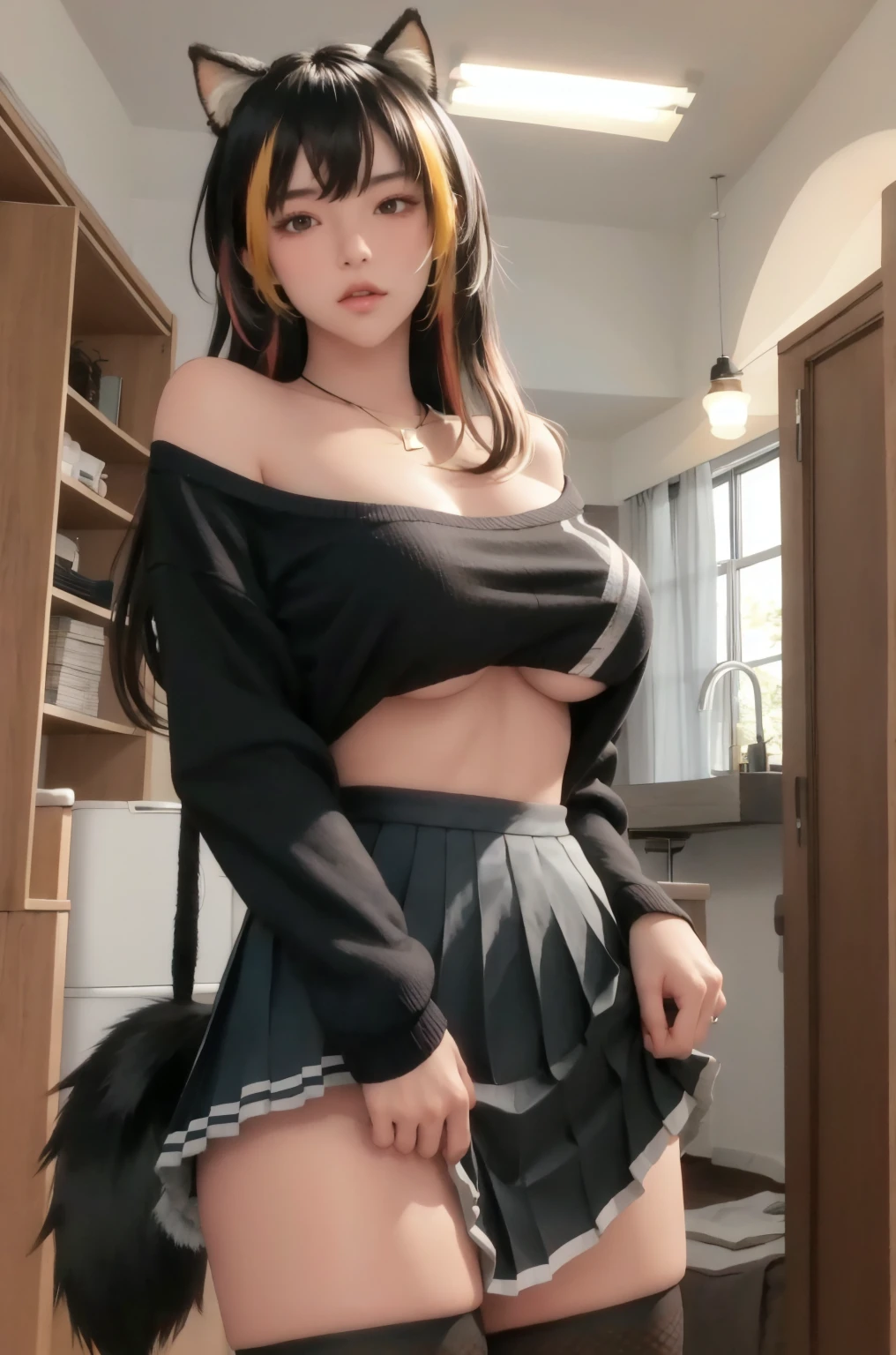 masterpiece, best quality, highres, hmnc1, animal ears, tail, dark skin, multicolored hair, black thighhighs, off-shoulder sweater, pleated skirt, black skirt, jewelry, necklace, ribbed sweatet, collarbone, cowboy shot, standing, indoors, ((very Big breasts 9.9)), very Big breasts, bursting breast, ultra huge breast 