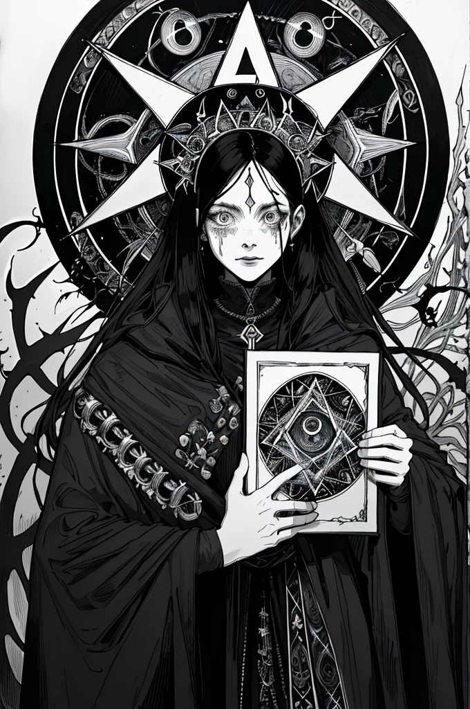 a black and white drawing of a woman holding a picture, occultist, occult art, ((((occult art)))), abstract occult epic composition, cultist, highly detailed dark art, occult cyberpunk, occult details, mark riddick, occult inspired, occult, modern occultist, by Kristian Zahrtmann, monochrome drawing, shamanic horror lsd art