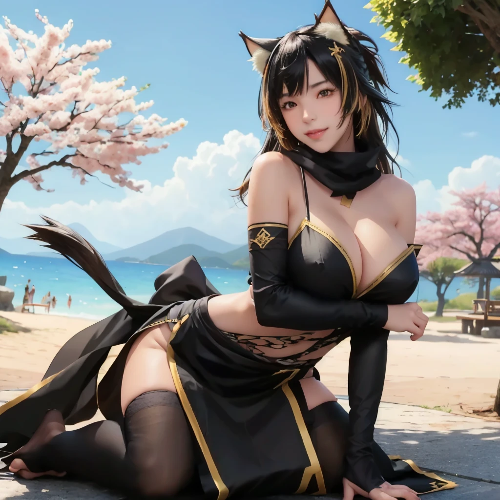 masterpiece, best quality, ultra-detailed, sharp, epic lighting, cinematic composition, 1girl, hmnc1, animal ears, tail, dark skin, multicolored long hair, hair ornament, fishnets, bridal gauntlets, black scarf, ponytail, black thighhighs, elbow gloves, pelvic curtain, sash, :3, smile, fang, cats, feline, sitting, kneeling, outdoors, village, sakura trees, (8k:1.1), ((very Big breasts 9.9)), very Big breasts, bursting breast, ultra huge breast, large breast,