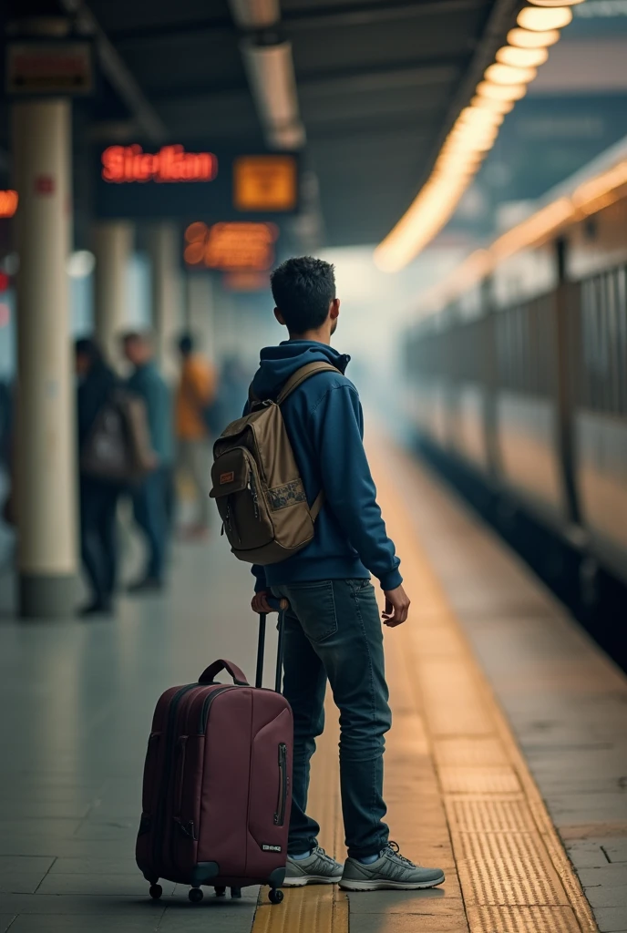 Shehan, a young traveler with a large travel bag in the train staion, looking for the train ( Mid Shot )