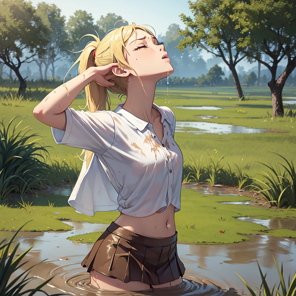 Solo girl, sweet blonde girl, 1 girl, muddy, dirty, ponytail hair, drowning in quicksand, mud, swamp, bog, grass, trees, white blouse, red miniskirt, (orgasm:1.5), (looking up:1.3), (eyes closed:1.4), from the torso up, (from side:1.4)