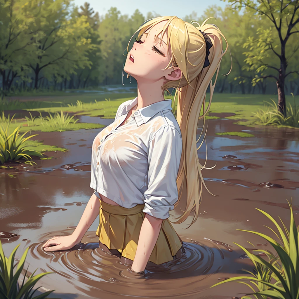 Solo girl, sweet blonde girl, 1 girl, muddy, dirty, ponytail hair, drowning in quicksand, mud, swamp, bog, grass, trees, white blouse, red miniskirt, (orgasm:1.5), (looking up:1.3), (eyes closed:1.4), from the torso up, (from side:1.4)