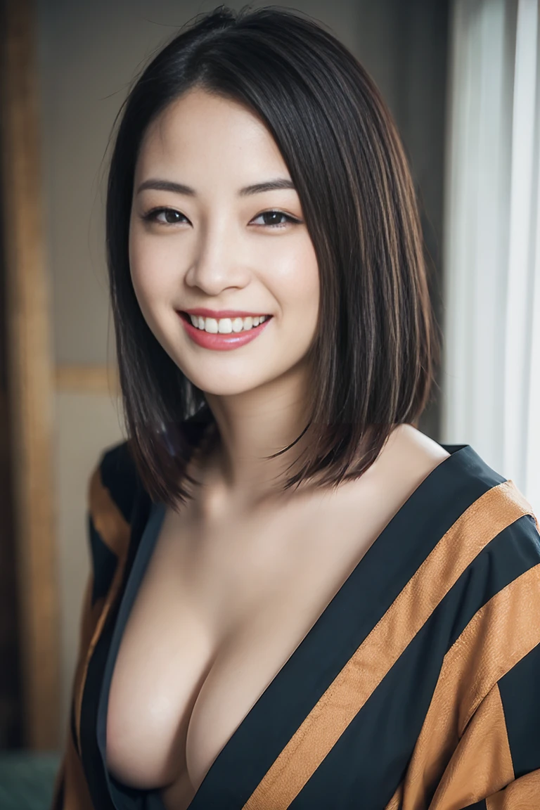 (RAW Photos、Highest quality、masterpiece:1.2)、(Realistic、photo Realistic:1.1)、1 girl、Japanese、23 years old、woman、Face Light、(Bob Hair, Shortcuts, Brown Hair)、(kimono、Dimly lit Japanese-style room: 1.2)、Beautiful breasts, Nipples、Detailed face、double eyelid、perfectionボディ、Grinning face、Make eye contact with the camera、Background camera lens blur、Very detailed、super high quality、perfection、((Vintage style photo 1:1)),(NSFW1:0),High resolution、Seductive pose