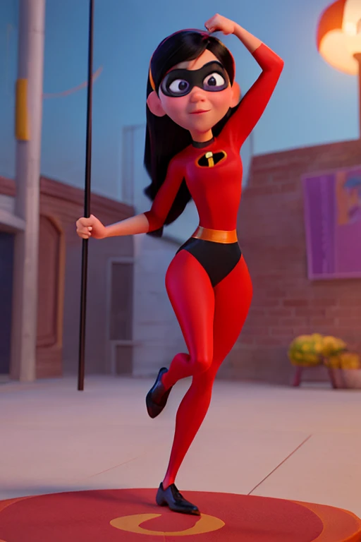Violet Parr, Incredibles, Leotard, Pole Dancing, Disney Pixar Animated Style, detailed face, beautiful eyes, medium breasts