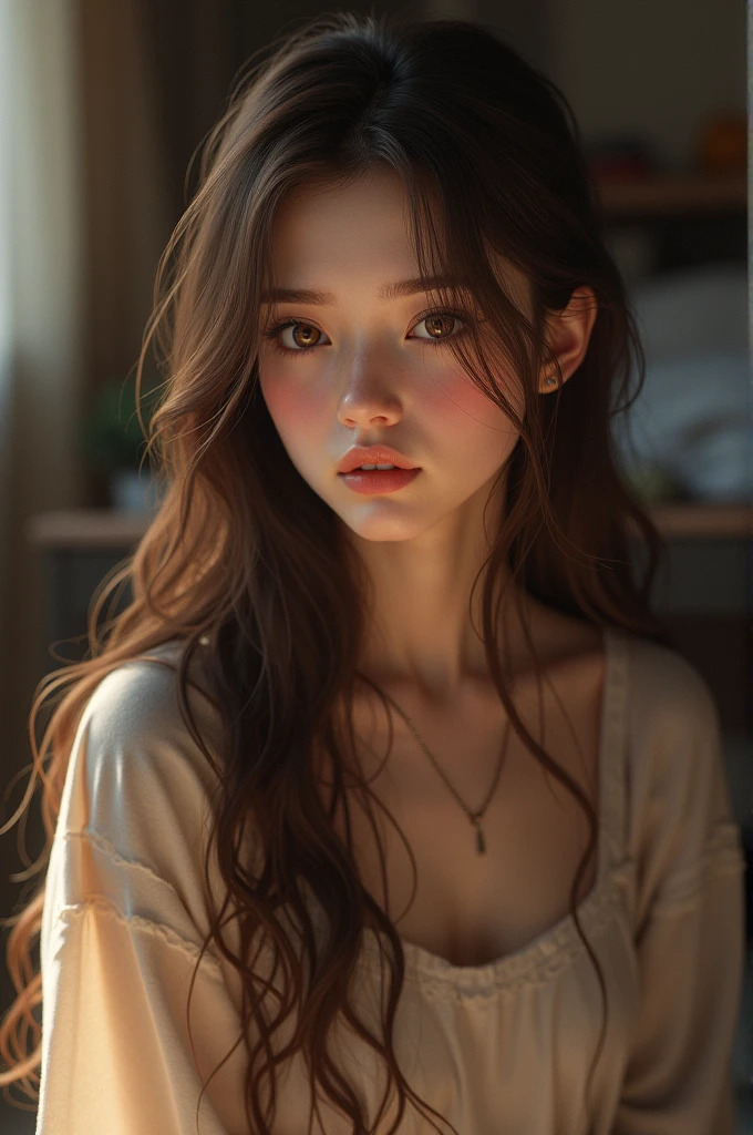 8k、Raw photo、(masuter piece)1.5、(top-quality)1.5、Hi-Res、Looking Up,(girl with)、(realisitic、Photorealsitic:1.5), (Close eyes):1.0, (Open mouth):1.5 Real numbers、Upper body、brown hair,Sleeveless、skinny、14years((small tits))1.8、Eyes closed、Deep sadness、Sorrow、look up sky、screeming、Bedrooms、Background blur