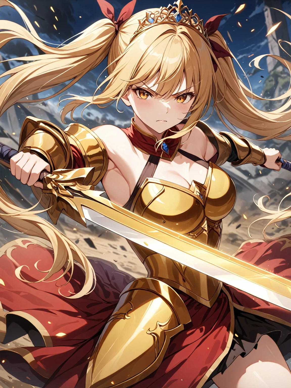 score_9_up, score_9, score_8_up, score_7_up, source_anime,masterpiece, best quality, high resolution, extremely detailed CG, absurdres, highres, 1 girl,a knight girl in golden armor fights at battlefield, holding sword, long hair, twintails, blond_hair, red_dress, glaring, off-shoulder, tiara, battle_stance, fighting_stance,good_hands