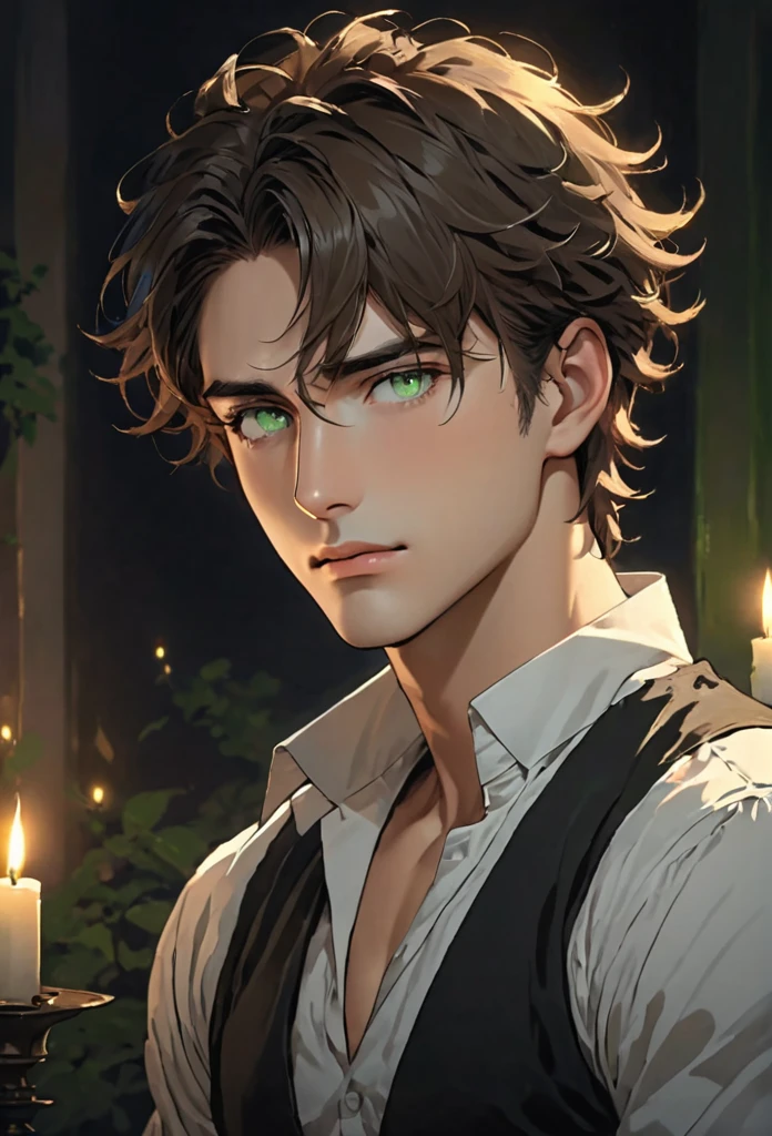 {{upper body}} {{Artist: sincos}} 1 man, rough and cheeky male, dark brown hair, medium messy hair, light green eyes, sharp jawline, very handsome, little face hair, lithe body, broad shoulders, muscular, white poet shirt, black breachers, dark chambers, candlelight, dark ambiance, darkworld fantasy, night, good quality.