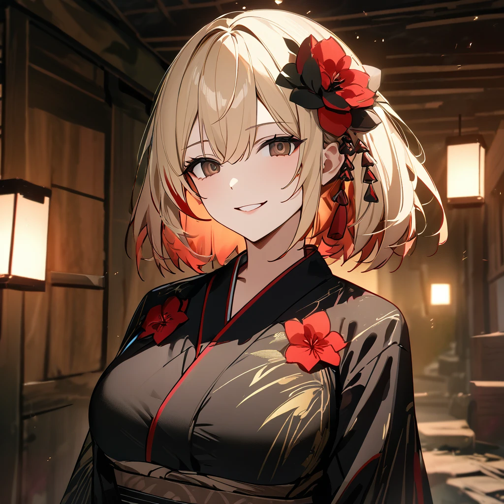 A woman wearing a black Yukata with red flower designs, long-sleeved yukata, big breasts, blonde hair, short hair, red bangs, multicolored hair, brown eyes, smiling, perfect lips, perfect eyes, red and black flowers in her hair. sadistic smile, evil smile, dark aura, in an abandoned Japanese house, dark place with lighting, (Azur_lane, KMS_Roon,)UHD , prime work , accurate , anatomically correct , textured skin , super details , high quality , best quality, 8k, high resolution, bokeh effect. (woman alone)
