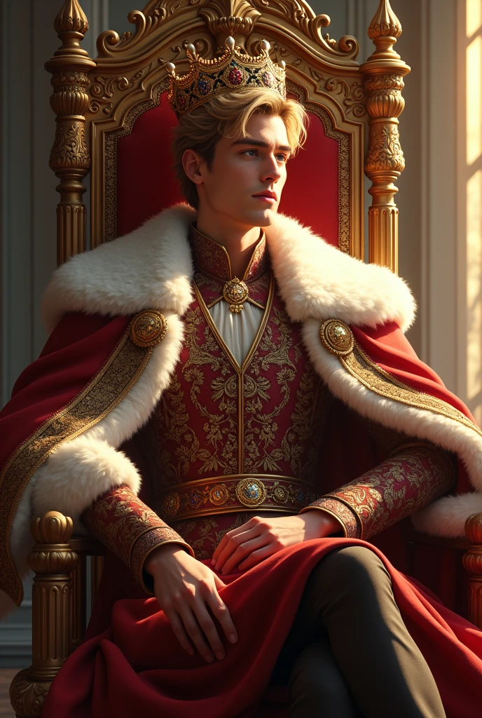 20 year old blond yough man in royal suit sitting on a royal throne and a crown