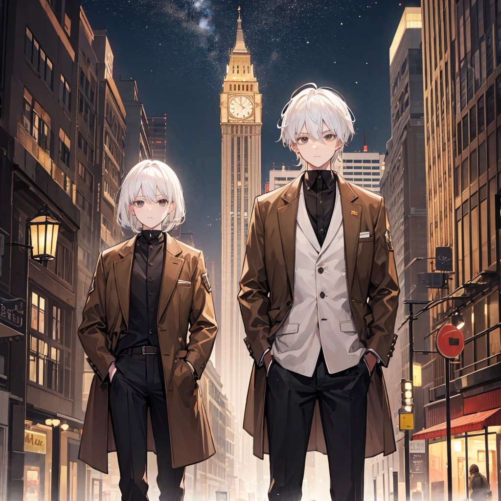 man, white hair, black eyes, wearing a brown jacket, brown pants, stands in the middle of the night city.