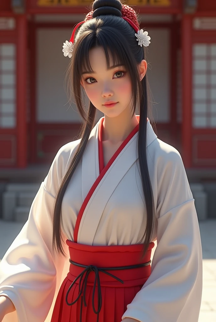 (Highest quality、Tabletop、8k、Best image quality、Hyperrealism)、(Beautiful Japanese Perfect Shrine Maiden:1.1)、(The perfect shrine maiden&#39;s white robe:1.1)、(The perfect shrine maiden&#39;s red hakama:1.1)、(Woman&#39;s upper body photo:1.1)、(Most realistic:1.1)、Look at me、The best smile、The background is a magnificent and luxurious shrine.、The majestic and luxurious exterior resembles a real shrine、A gorgeous and authentic shrine with Niwa lacquerware、(Close-up of face:1.1)