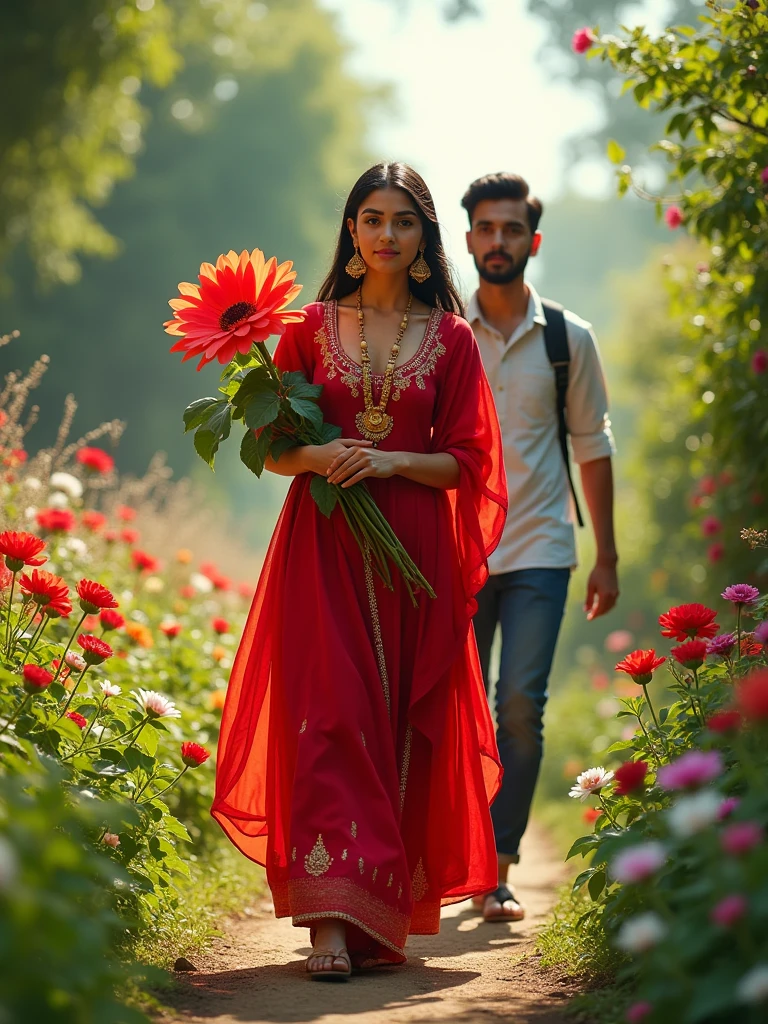 A 21 year old Indian girl and wearing a red suit and salwar and she is coming from the garden and her boyfriend behind her she is taken a huge flower because coming behind her too. HD realistic art image