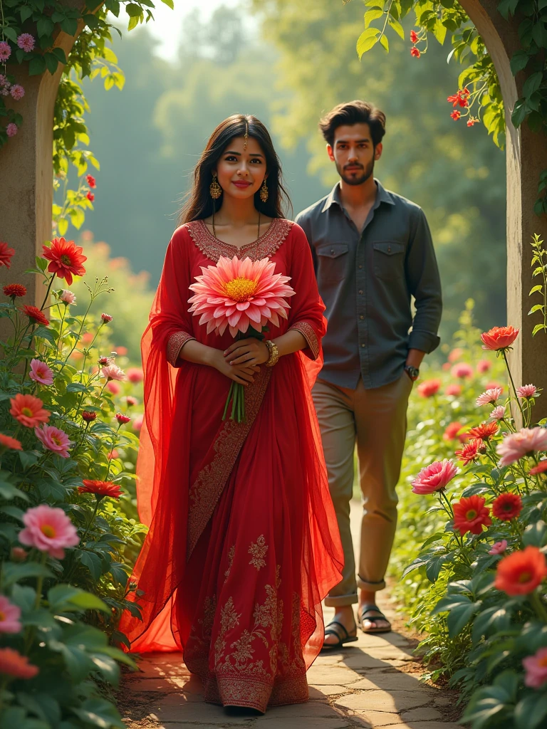 A 21 year old Indian girl and wearing a red suit and salwar and she is coming from the garden and her boyfriend behind her she is taken a huge flower because coming behind her too. HD realistic art image