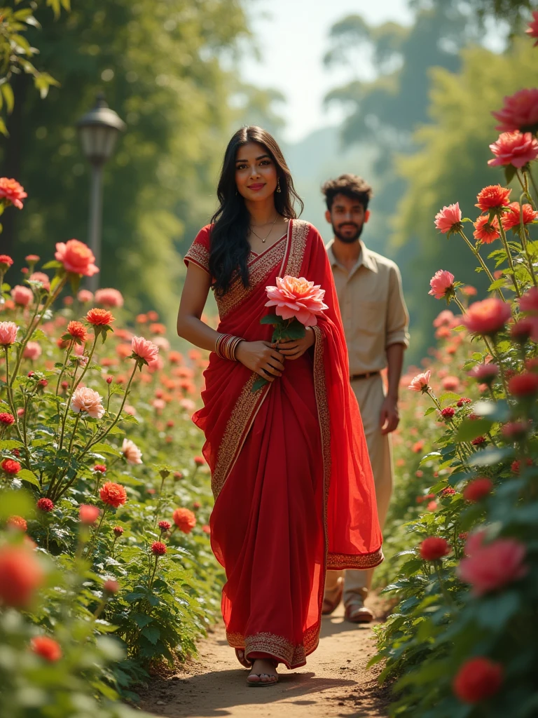 A 21 year old Indian girl and wearing a red suit and salwar and she is coming from the garden and her boyfriend behind her she is taken a huge flower because coming behind her too. HD realistic art image