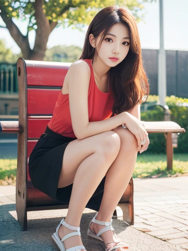 Highest quality、masterpiece、Ultra-high resolution、(Photorealistic:1.4)、((Full body pose:1.0))、Raw photo、One Girl、Park bench、Sitting、