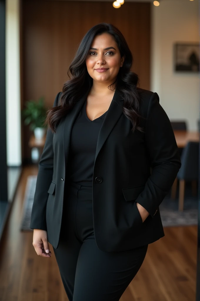 Beautiful Moroccan woman, 28 years old, with dark brown almond-shaped eyes, an oval face shape, in a professional black suit, modest business black suit, relaxed and graceful, full body view, attending a high-profile business meeting, a modern conference room setup, sophisticated decoration visible in the background, she has a plus size body, approximately XL size, with a height of 1.67 m, a bust size of L, a well-shaped bottom (42), and very realistic skin texture, her naturally wavy hair frames her prominent cheekbones, the photo is in high resolution, masterpiece quality, with complex details, sharpness, and detailed skin and eye textures, captured in 4k resolution with a Canon camera, featuring a serene expression, depth of field, Kodak Vision color, ultra-realistic photography, and post-processing to ensure maximum detail, true to life, resembling an Instagram model