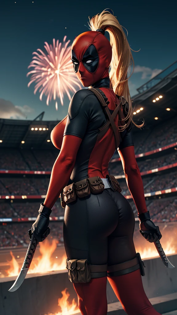 Masterpiece, best quality, height, opposite,
bodysuit_woman_Deadpool_เป็นเจ้าofเอง,
1 girl, mask, blonde hair, ponytail, long hair, big breasts, No students, 
bodysuit, tight fitting, super hero, belt bag, utility belt, red bodysuit, glove, weapon on the back, Thigh pocket, thigh strap, Thigh holster, belt buckle, Turtleneck, 
light particles, Depth_of_stadium, view, nighttime, aerial fireworks, alone, cowboy shoot, look at viewer,