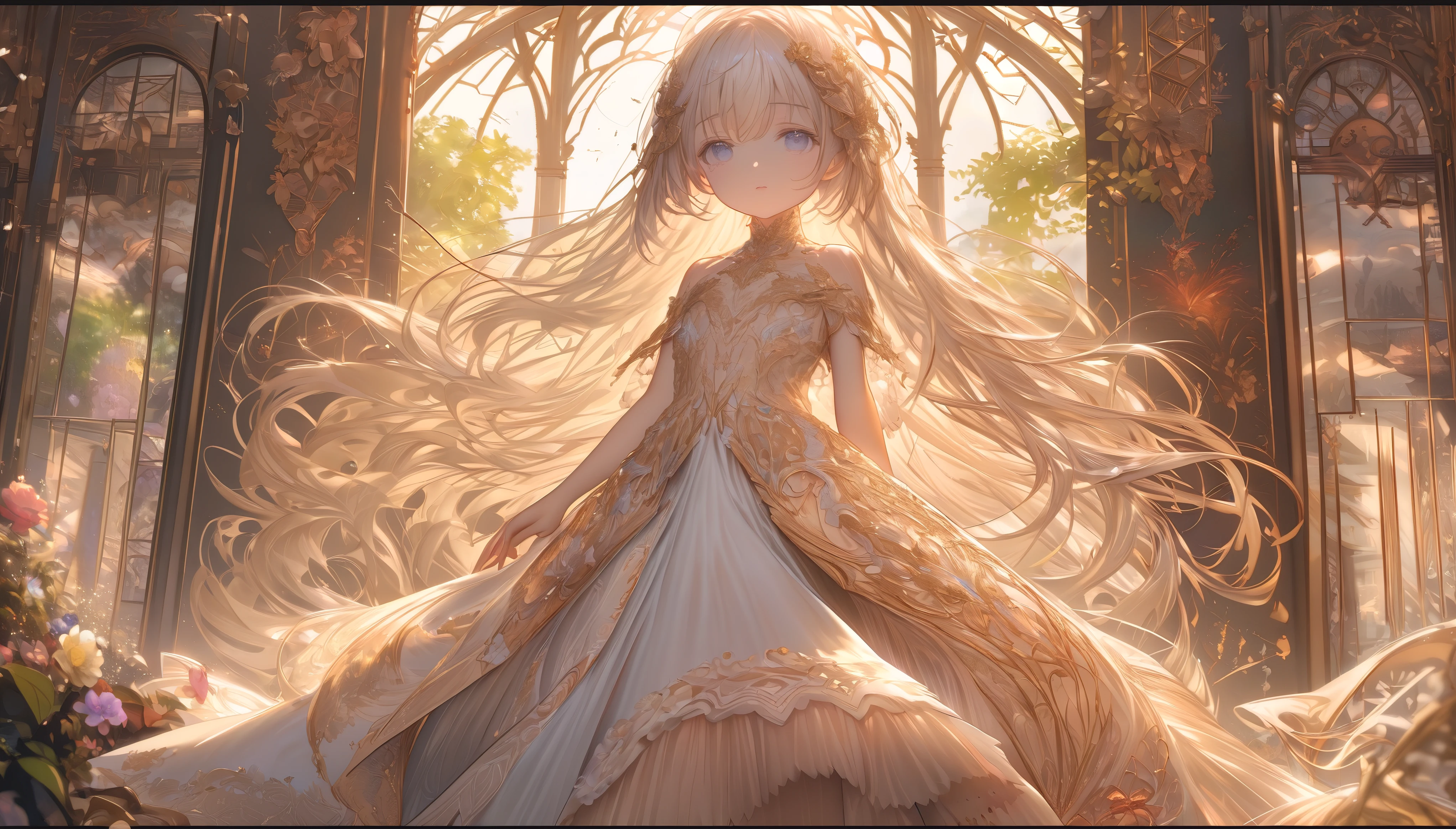 (full body), (solo), (A :1.2), (very young little girl), l, (small breas(wide angle), raw phosthetic, Convoluted, Awarded, chiaroscuro, Best Quality, Detailed background, (Misty atmosphere:1.2), (sadness day:1.1),((Girl in very long white dress:1.2)), detailxl, In the realm of enchantment, where the sun's rays weave through the air like golden threads, there stands a petite girl, a canvas of innocence and beauty, her silhouette framed by a long white silk dress that transcends the ordinary into the realm of the exquisite.
The dress is a confection of fabric artistry, a cascade of silk so fine it seems to defy the very essence of materiality. It flows around her like a river of liquid light, each fold and ripple a testament to the silk's unparalleled quality. The fabric shimmers with a subtle iridescence, catching the light in a dance of refracted hues that shift and change with every movement she makes.
The gown is adorned with a profusion of lace, a delicate tracery of floral motifs that weaves a story of delicate intricacy. The lace is not merely an accessory but a living part of the dress, its patterns intertwining with the silk to create a visual symphony of texture and depth. The lace edges are scalloped, each scallop a tiny work of art, and they frame the dress with a border of perfection.
The bodice of the dress is a masterpiece of embroidery, with each stitch a testament to the patience and skill of the artisan. It is a garden of embroidered flowers, each petal and leaf rendered with a precision that brings them to life. The embroidery is not flat but dimensional, adding a tactile quality to the dress that is as pleasing to the touch as it is to the eye.
The dress is further enhanced by the inclusion of a delicate sash that cinches the waist, creating an hourglass silhouette that accentuates the girl's petite figure. The sash is not just a functional element but a decorative one, its ends fluttering with ribbons