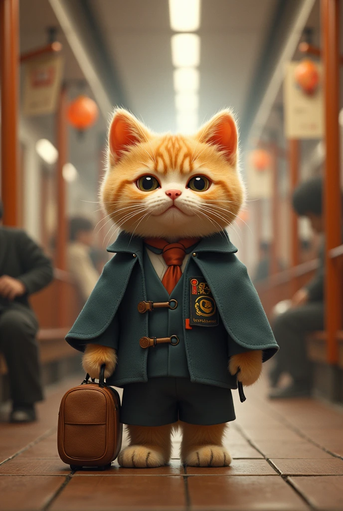 Cat,橘Cat,Standing,doll,Carrying a small school bag,Japanese style,tram,Hokkaido,Autumn Station,Wooden house,Platform, cloak,Ruan Jia,Suit,tie,花Cat,Stupid Dog,肌肉发达的雄Cat, (Delicate face), (Fine fluffy fur)
