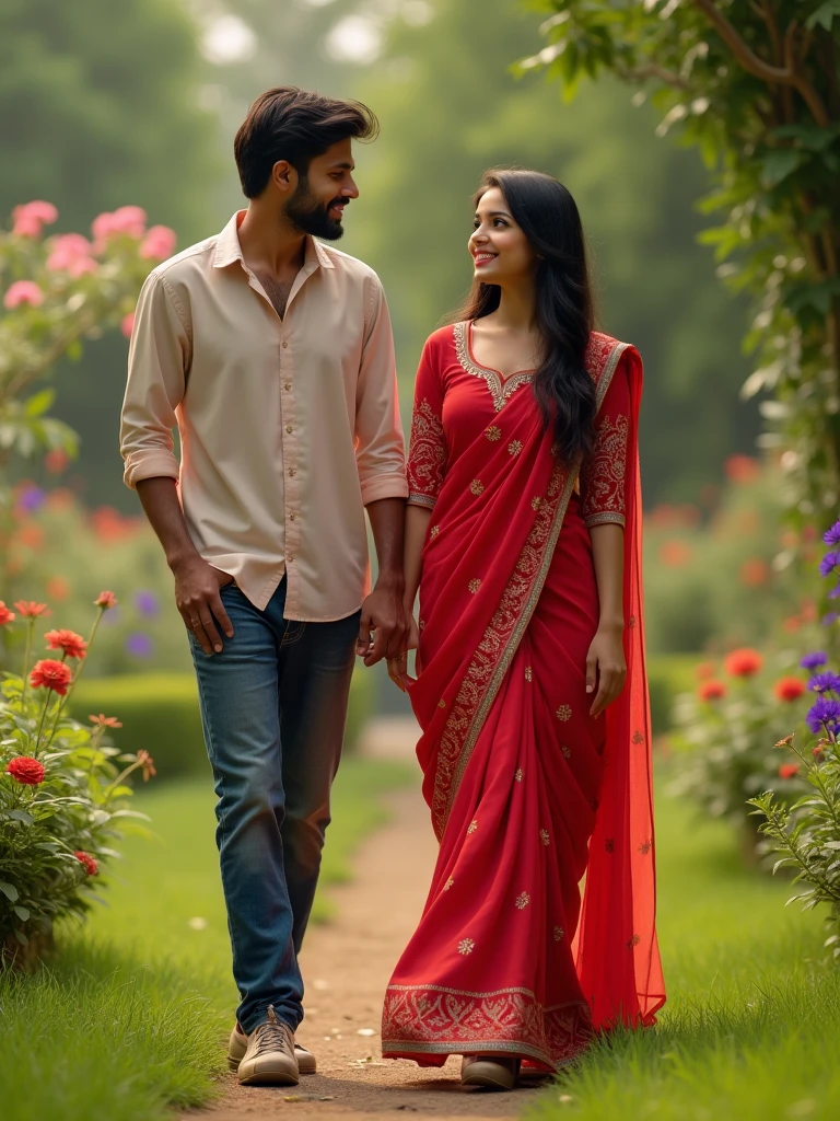 A 21 year old Indian girl she is wearing red colour suit salwar and she is going towards the garden and behind her she also has boyfriend when I am going hand in pocket and the girl is a little bit shy And she has boyfriend behind her too.hd realistic art image